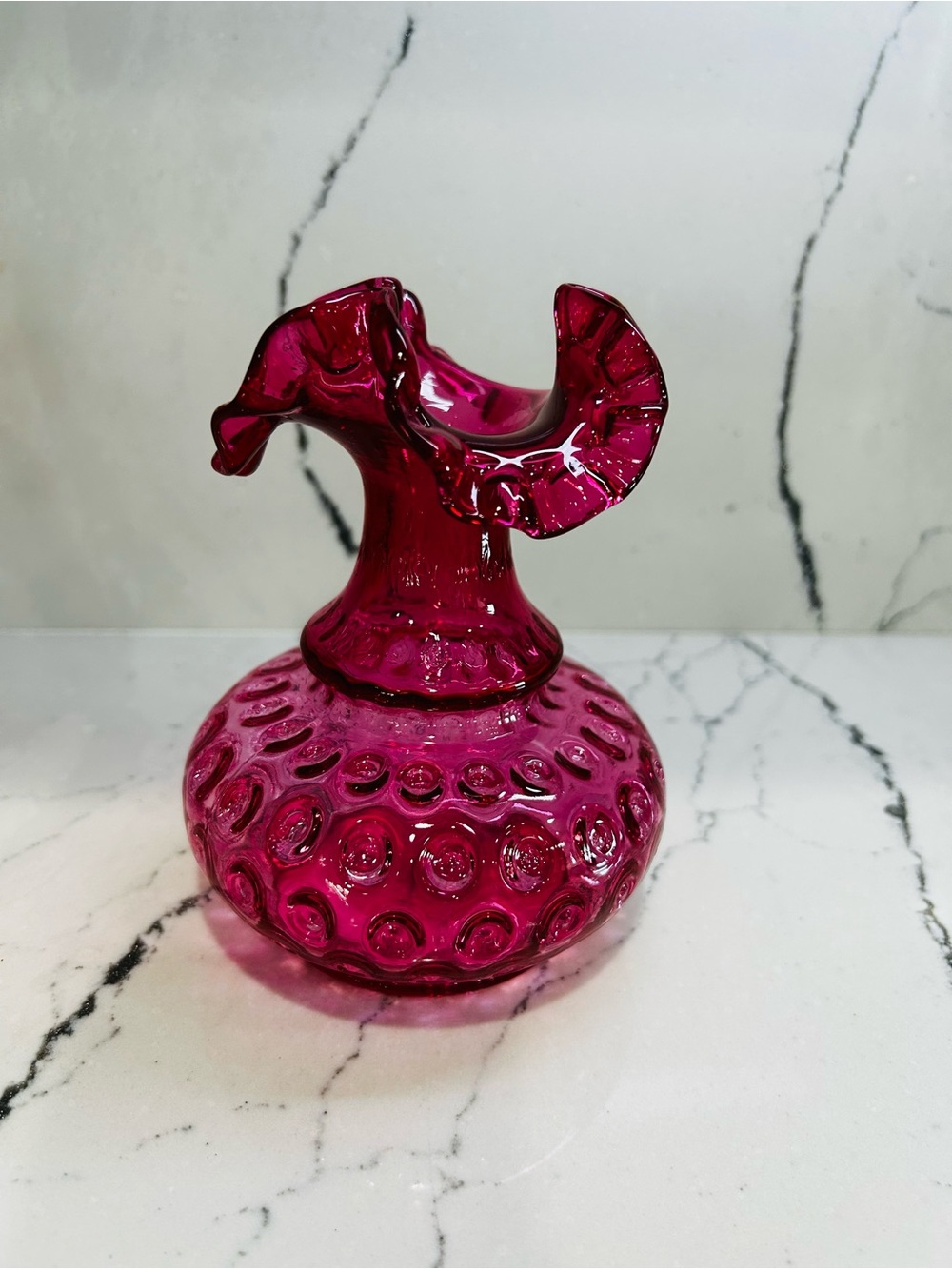 Vintage Cranberry Hobnail Glass Vase - Ruffled Top